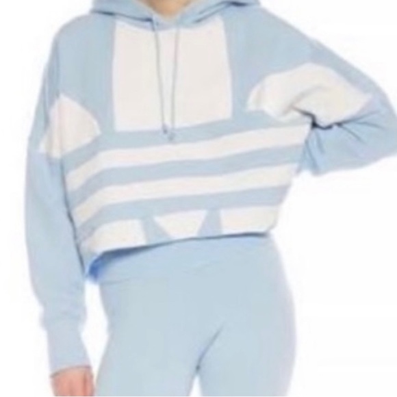 Adidas Originals Light Blue and White Cropped Trefoil Logo Hoodie - Size Small - Picture 2 of 4